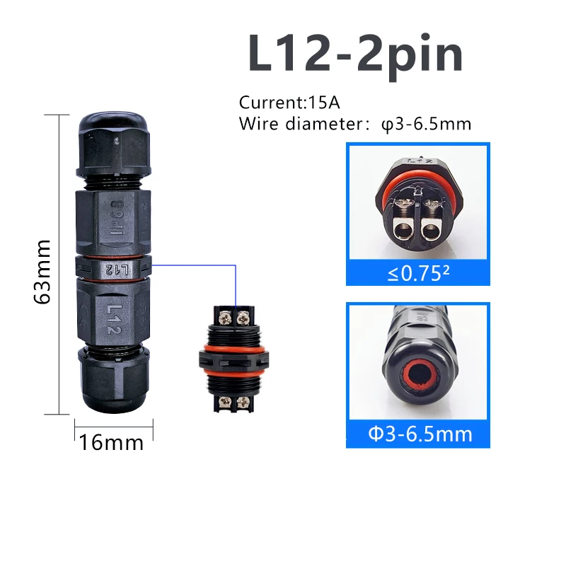 L12 2 pines IP68 conector de cable de alimentación impermeable fijación de tornillo 15A 50V-2000V material de nailon ignífugo