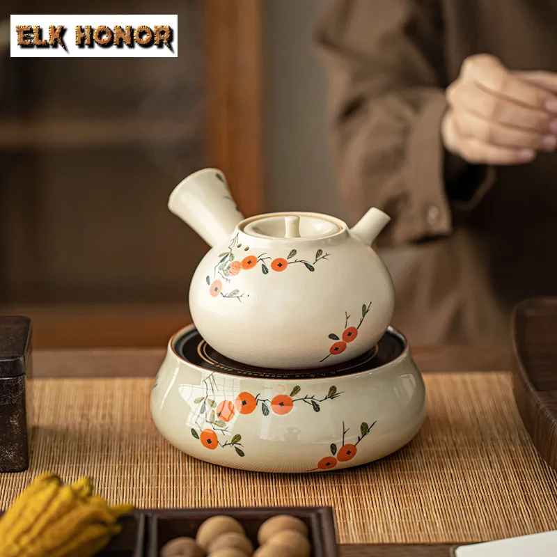 

600ml Hand Drawn Persimmon Side Handle Boiling Water Kettle Large Capacity Tea Soaking Pot Yellow Rice Wine Kettle Teaset Gifts
