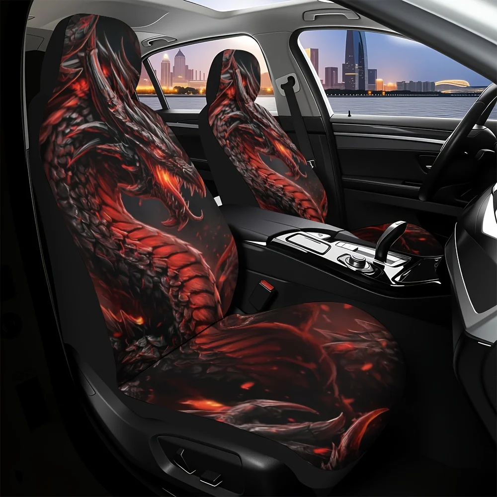 2pcs, Stylish Fiery Dragon Fantasy Pattern Car Seat Covers, Stylish Upgrade For Front Seat Interior Decoration, Machine Washable