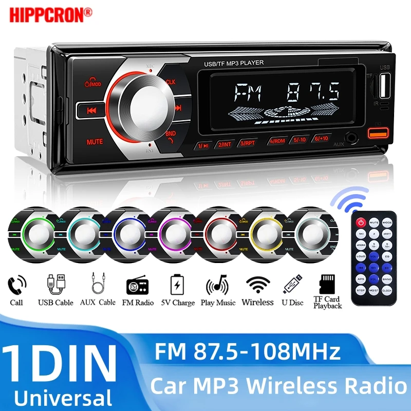 HIPPCRON Car MP3 Player 1 DIN Car Radio 7 Colorful Lights Stereos for Car Universal FM Music Radio with Remote Control