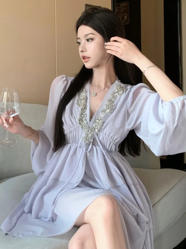 

Elegant V-Neck Short Puffy Skirt with Lace Trim Heavy Embellishment Women's Fashion Korean Style Commute Long Sleeve Dress