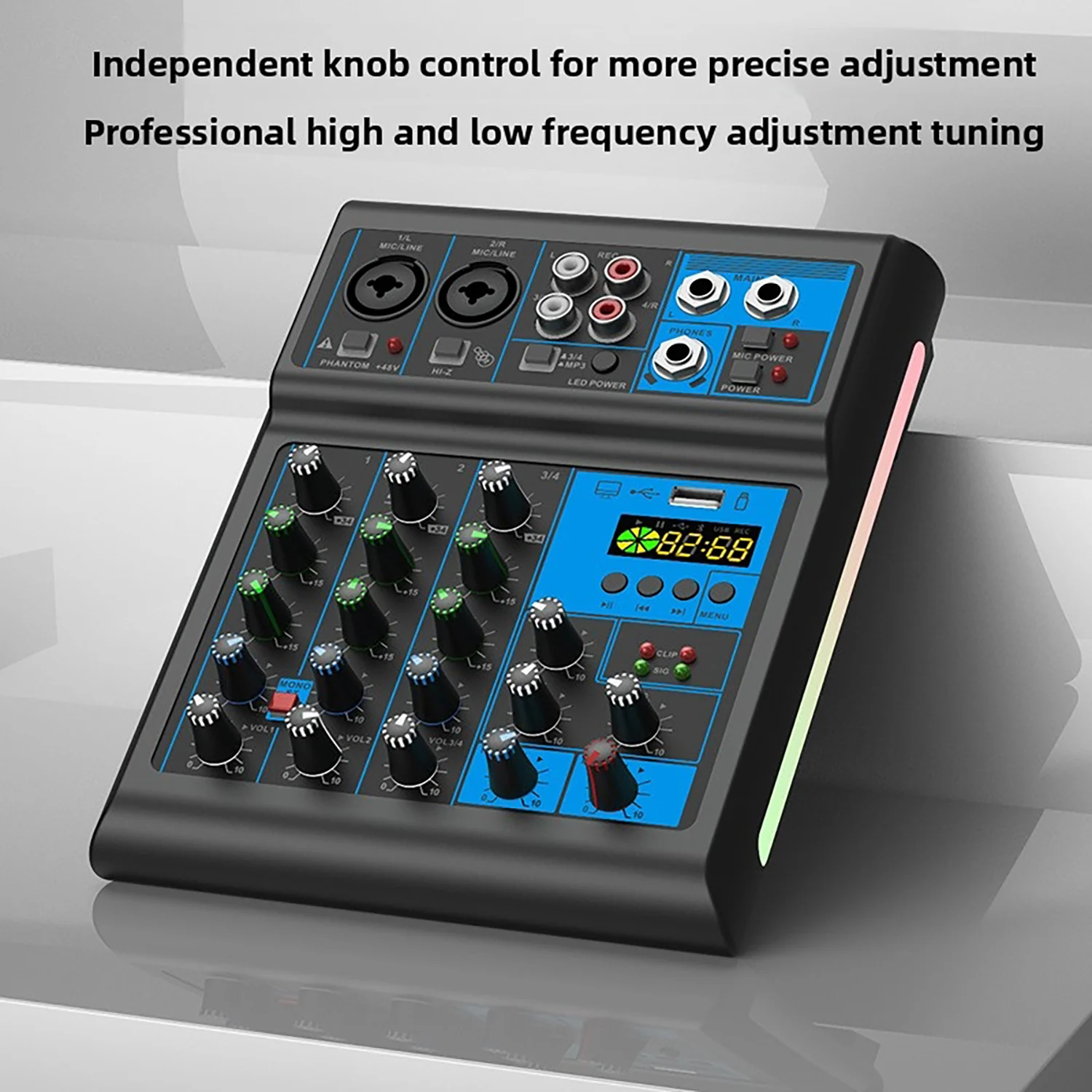 

GAX-UT4 professional mixing console with RGB colorful light control, 2-channel input, live broadcast port, and 48V phantom power