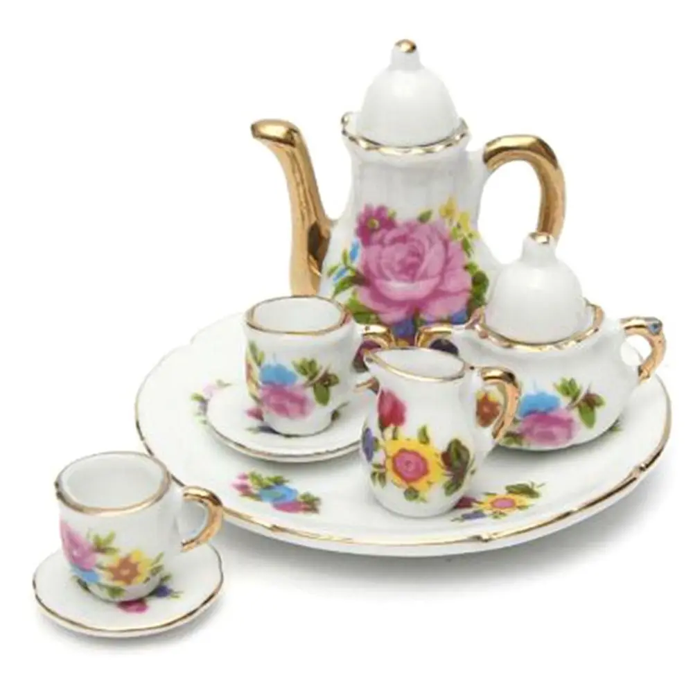 8Pcs 1:12 Dollhouse Miniature Dining Ware Porcelain Tea Set Dish Cup Plate Colorful Floral Print Children's Toy Pink Rose