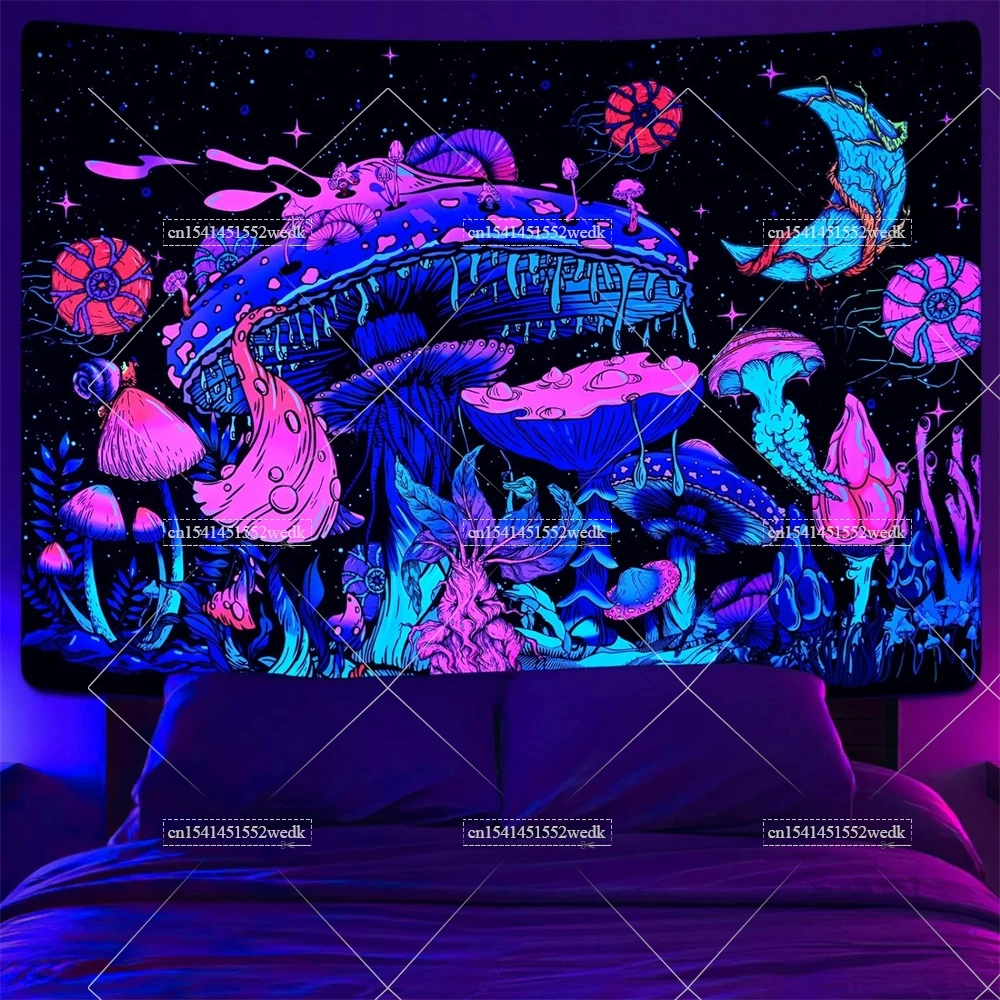 Blacklight Mushroom Moon Tapestry UV Reactive Moon And Stars Neon Tapestry Monster Wall Hanging Grow In The Dark Party Backdrops