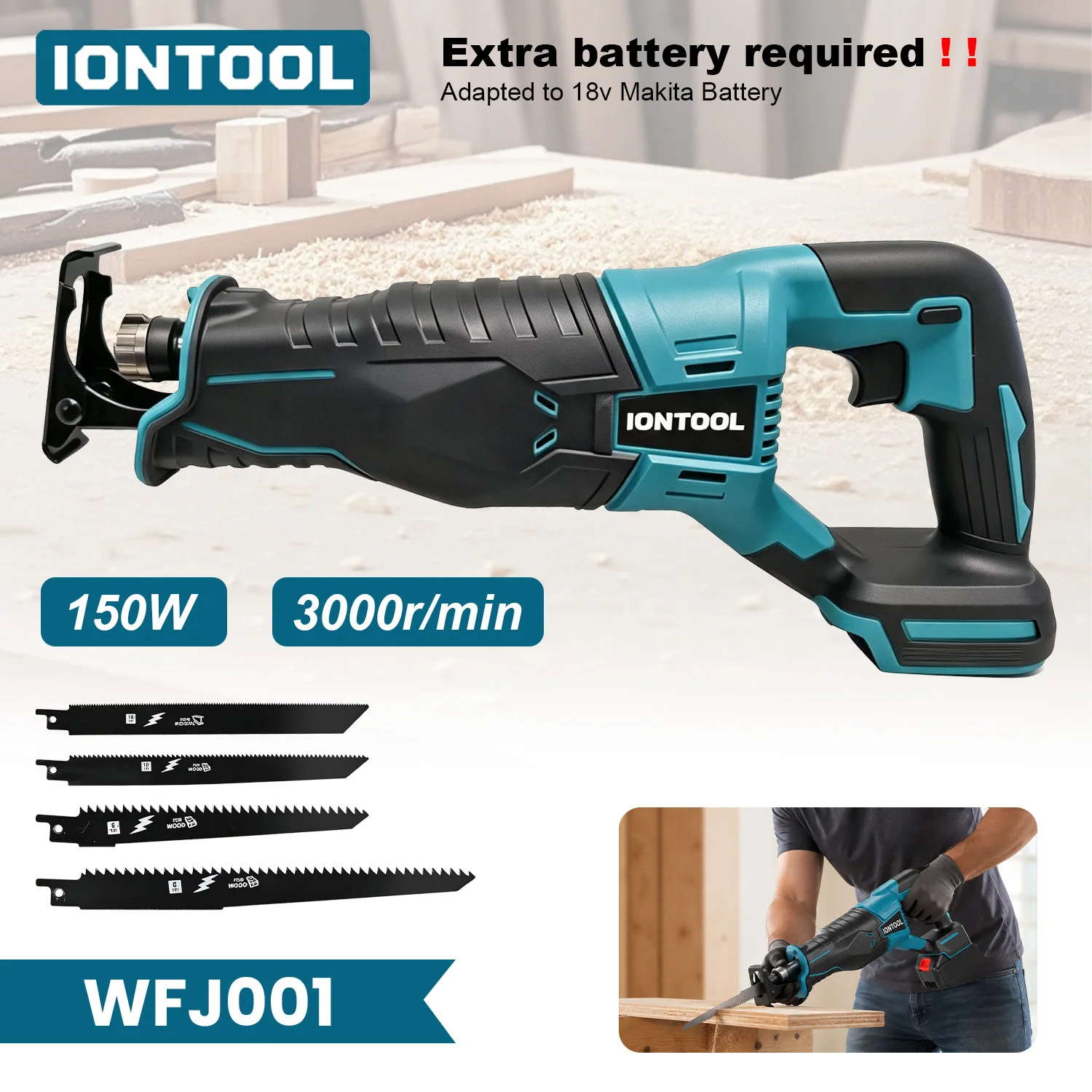 IONTOOL 150W 0-3000RPM Cordless Electric Saw for Metal Pipe Cutting and Light Demolition Work Tool Only