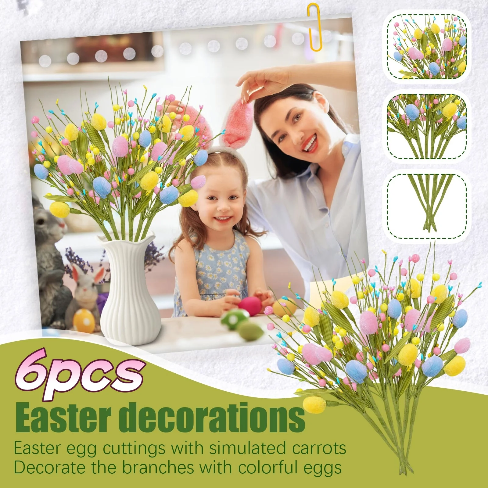 Rama de árbol de huevo de Pascua, planta falsa de huevo colorido de Pascua, decoración de jarrón para el hogar de primavera, accesorios de arreglo floral Diy, 6 uds.