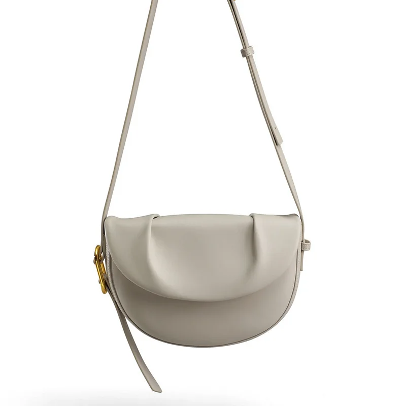 2025 Genuine Leather Spring Summer Versatile Shoulder Bag Niche Crossbody Cowhide Pleated Underarm Saddle Bag for Women
