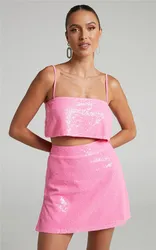 Wedifor Glitter Sequins Two Piece Set For Women Sexy Slash Neck Sleeveless Crop Top High Waist Mini Skirt Nightclub Party Suits