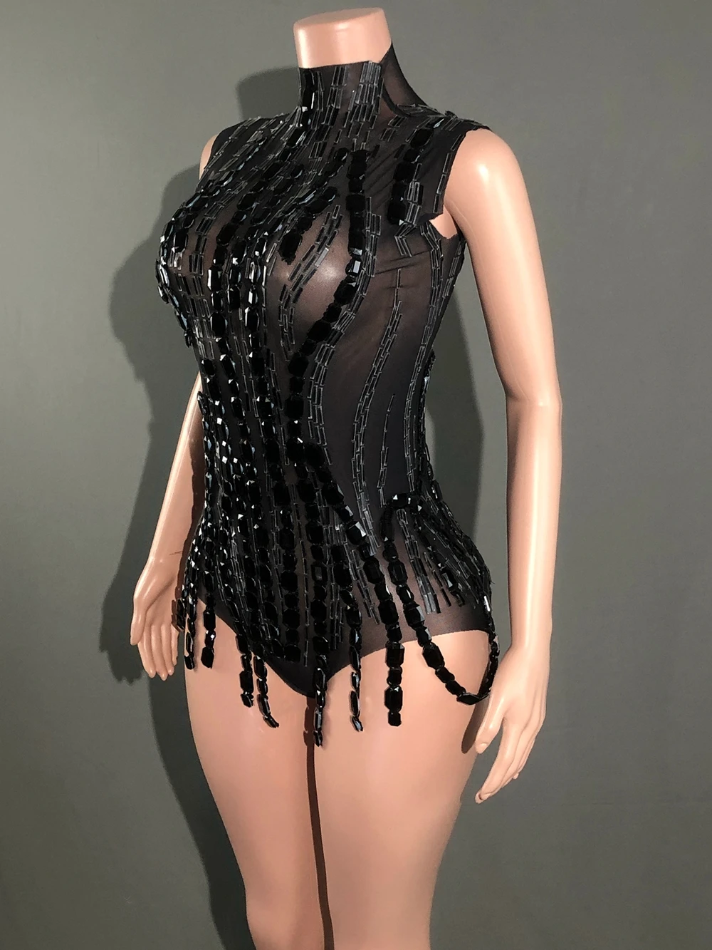 Sparkly Rhinestones Mirrors Bodysuit for Women Sexy Mesh Transparent Sleeveless Dancer Performance Dance Costume Stage Wear