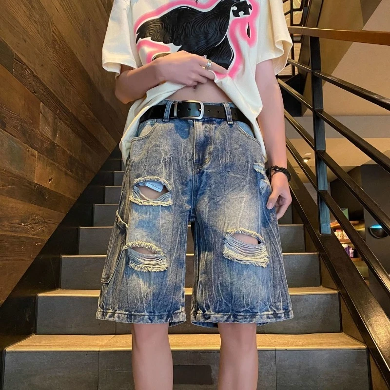 Men's Ripped Denim Shorts Summer Thin Baggy Jean Shorts High Street American Vintage Washed 5 Points Knee Length Casual Pants