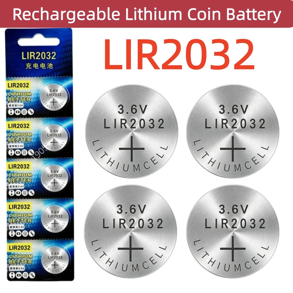 LIR2032 Wiederaufladbare Lithium-Knopfzelle 3,6V 40mAh Ersatz für CR2032 Geeignet für Uhren und Fernbedienungen