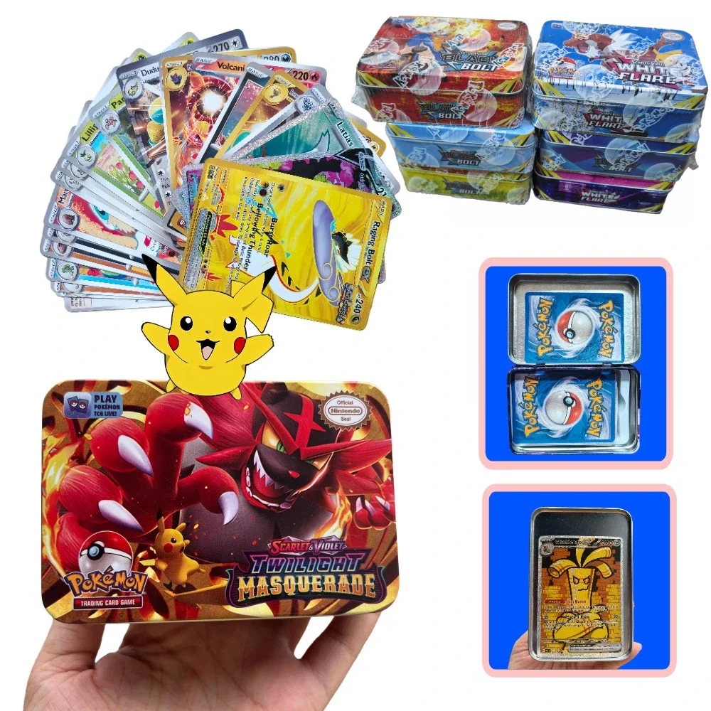 42 stks/1 Doos Pokemon Game Anime Bankkaarten Kinderen Speelgoed Ijzer Metalen Doos Game Battle Carte Trading Collection kaarten Pikachu Doos Geschenken