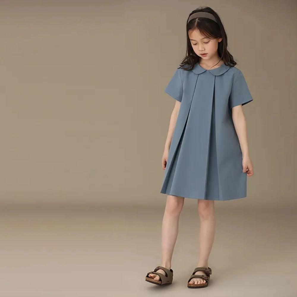 

2023 Summer Girls Dress Solid Loose Peter Pan Collar Dresses for Girls Blue Cute Casual Dress Girl Clothing 5 6 7 8 9 10 11 12