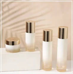 1Pcs 30ml 50ml 100ml 120ml Lotion Pump Luxury Glass Esscecn Bottles Clear Yellow Empty Round Gold Lid 50G Cosmetic Eye Cream Jar