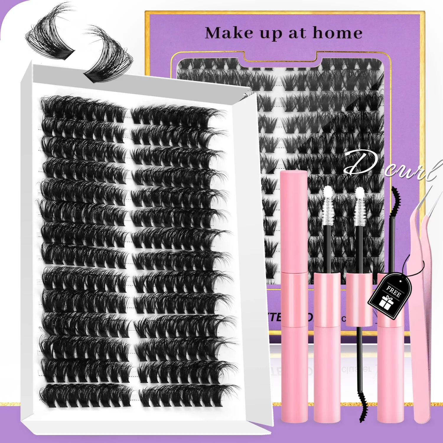 GROINNEYA DIY Eyelashes Lashes Clusters Kit Mix Wispy Individual Lashes Extensions Clusters Lashes Lash Bond & Seal Makeup
