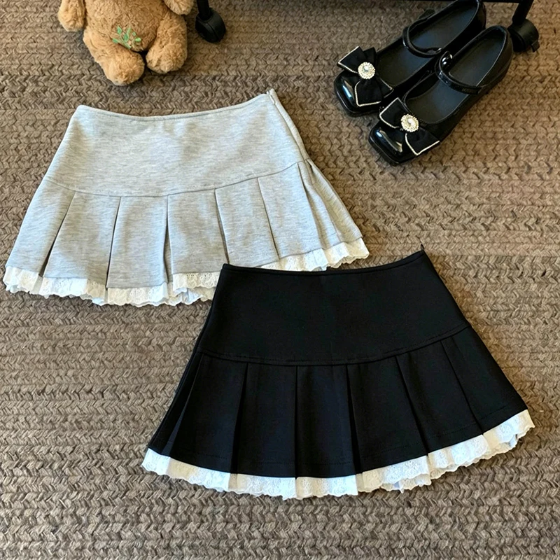 Cute Skirt with Eyelet Lace Trim High Waist Pleated Mini Skirt with Shorts Inside Women Skort SchoolGirl Preppy Style