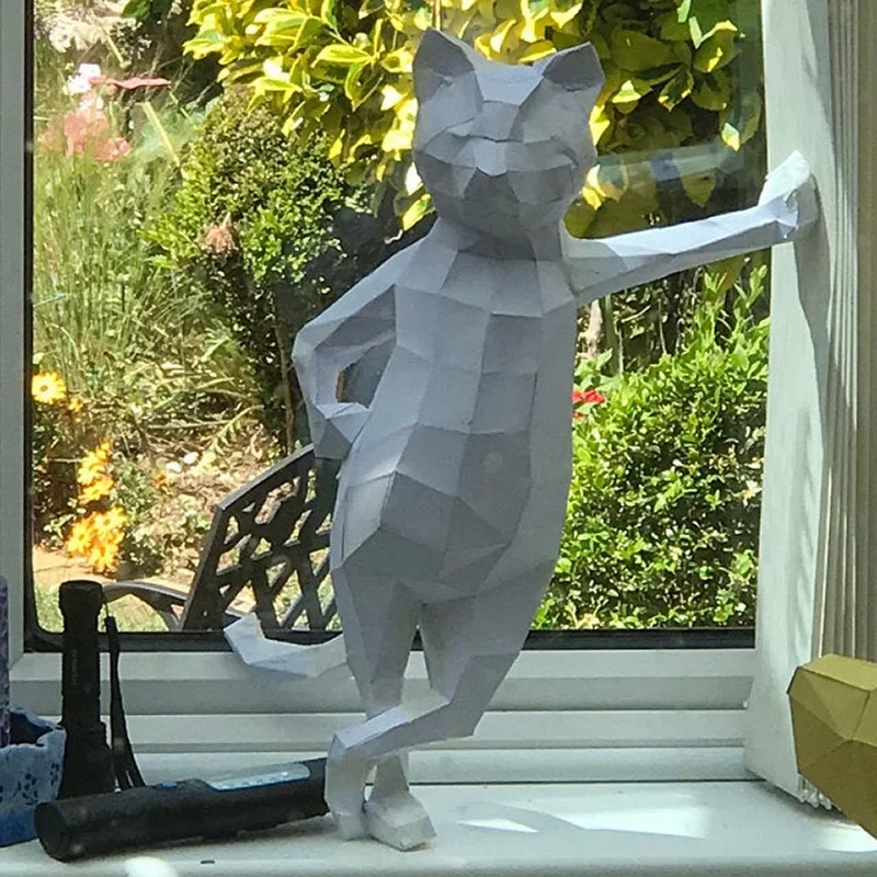 3D Standing Cat Paper Craft Cool Kitten Models Sculpture Home Desktop Decorations Animals Ornament Origami Adult Toys Gifts