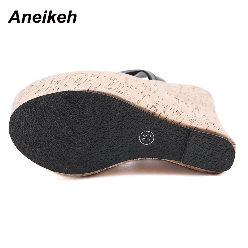 Aneikeh Summer Flip-flops Wedges Women\'s Shoes Fashion Classics PU Platform Head Peep Toe Thin High Heels Slippers Size 35-42