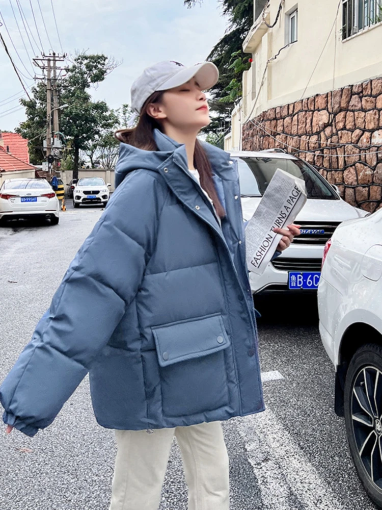 Women Oversized Korean Puffer Jacket Autumn Winter Hooded Warm Thickening Short Parkas Female Solid Loose Streetwear Padded Coat