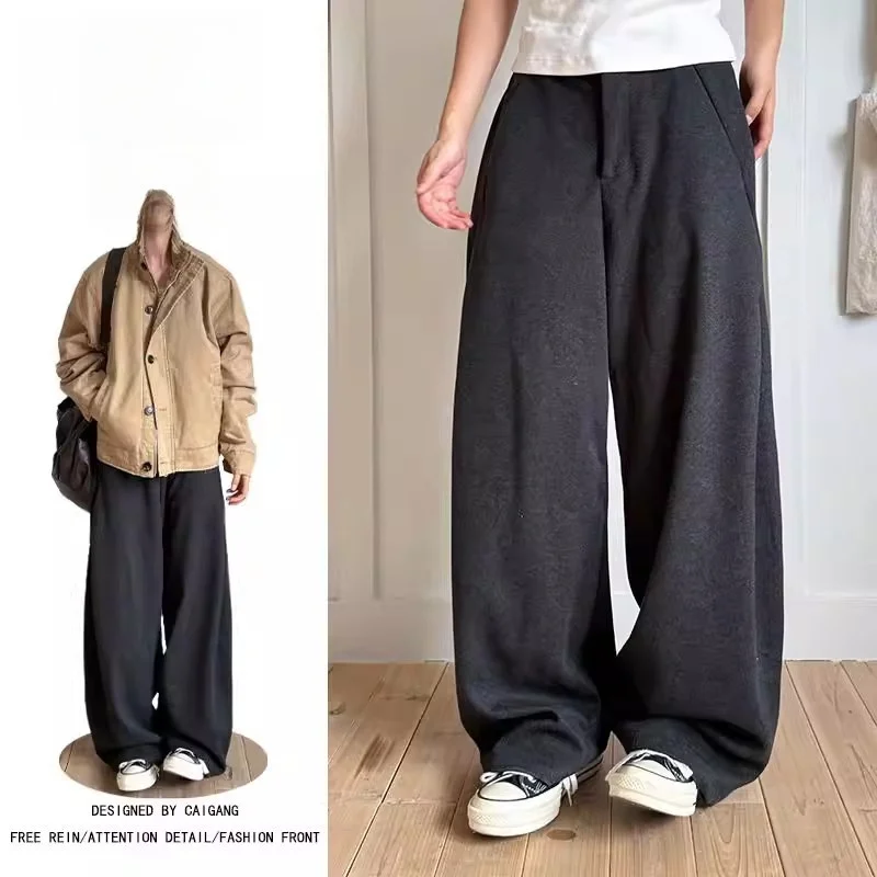 

American Sle Retro Woolen Casual Pants Men's Loose Straight Leg Wide Leg Pants Semi-Elastic Waist Versatile Slimming Long P...