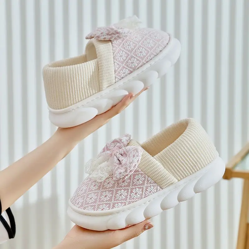 

Spring Autumn Winter Women's Indoor Maternity Slippers Bow Knot Closed Heel Soft Sole Thickened Slip Resistant Cotton Warm Shoes