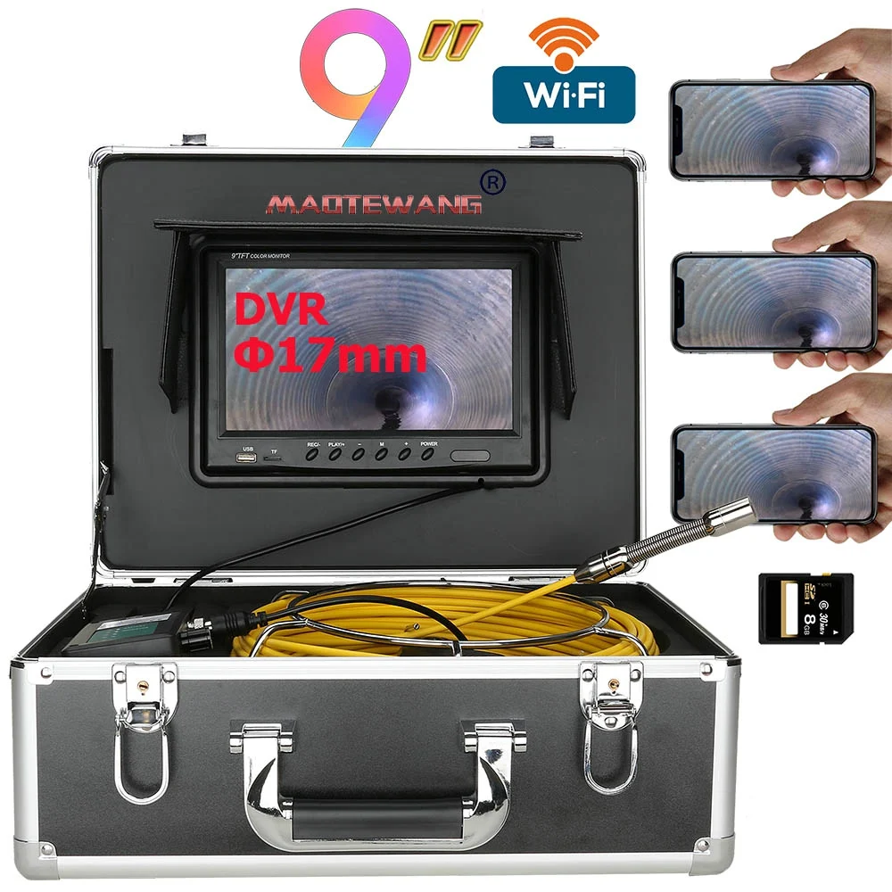 

9" Wireless WiFi 50M Pipe Inspection Video Camera,17MM 8GB SD Card Drain Sewer Pipeline Industrial Endoscope Android/IOS