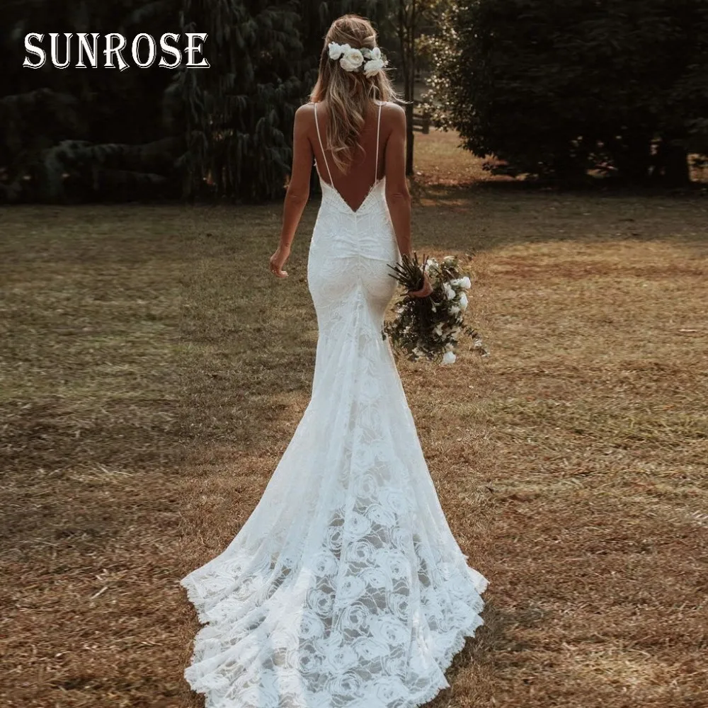 

SUNROSE Rustic Boho Wedding Dresses Mermaid Spaghetti Straps Backless Lace Sexy Beach Bridal Gowns Garden Bride Dress for Women