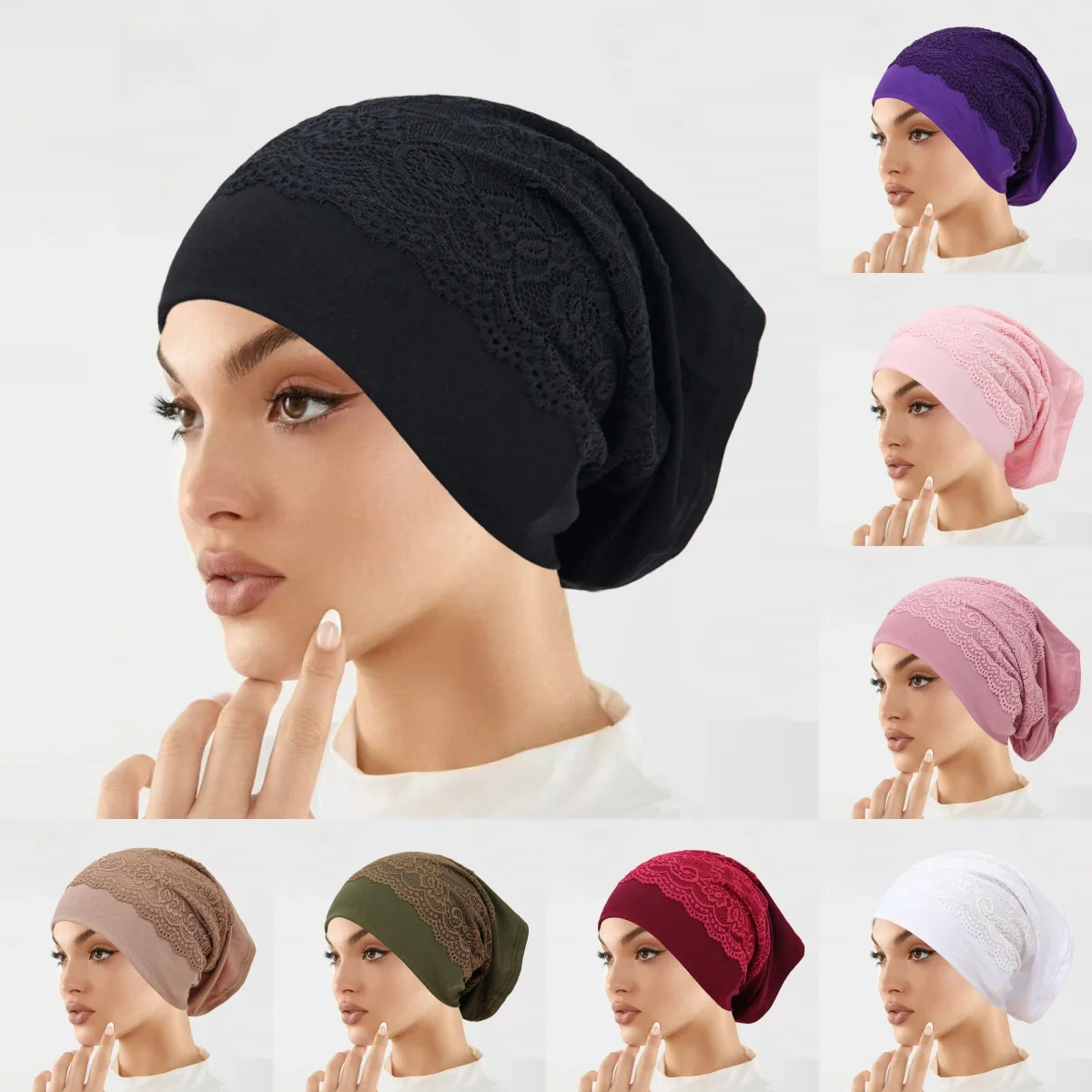 

New Solid Color Inner Hijab Undercap With Lace Muslim Turban Islam Underscarf Hijab Bonnet Soft Stretch HIjabs Tube Cap Turbante