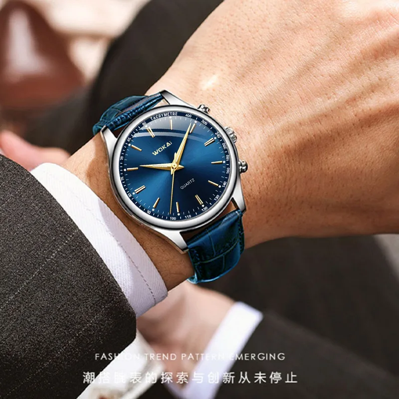 Low Price Promotion WOKAI Watch Men Blue Watches Casual Leather Band Quartz Wristwatches Men Best Gifts Relogios Masculinos 2023