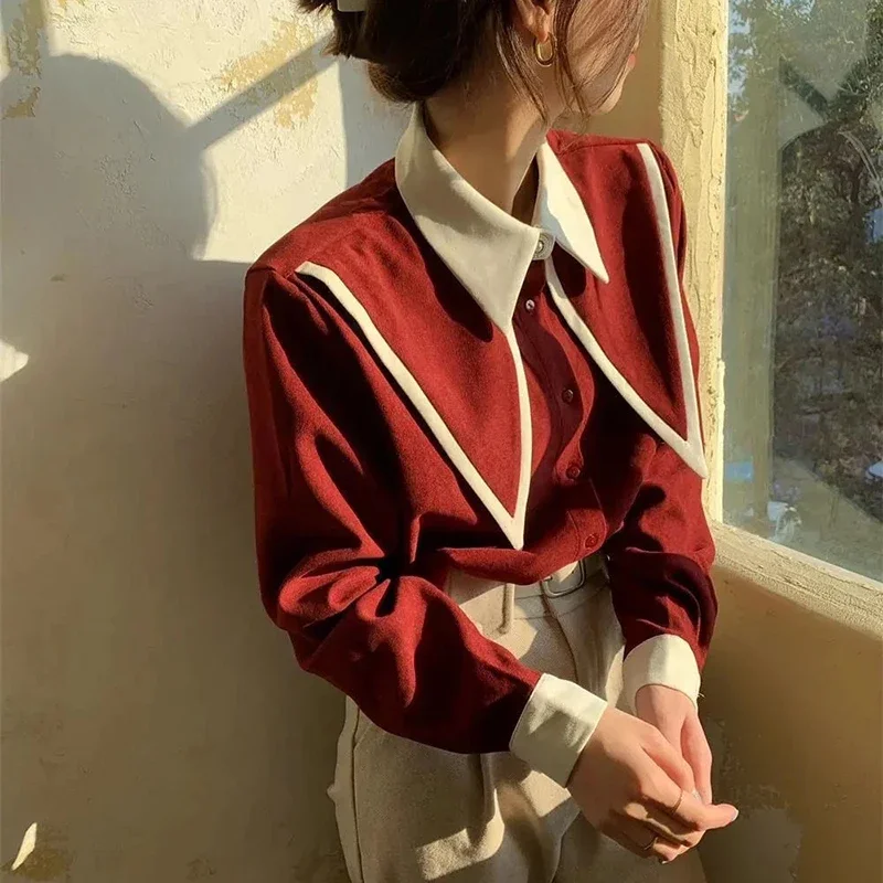 Vintage Chiffon Shirts Women Elegant Patchwork Long Sleeve Blouses  Loose Puff Sleeve Blouses Simple Single Breasted Tops 2024