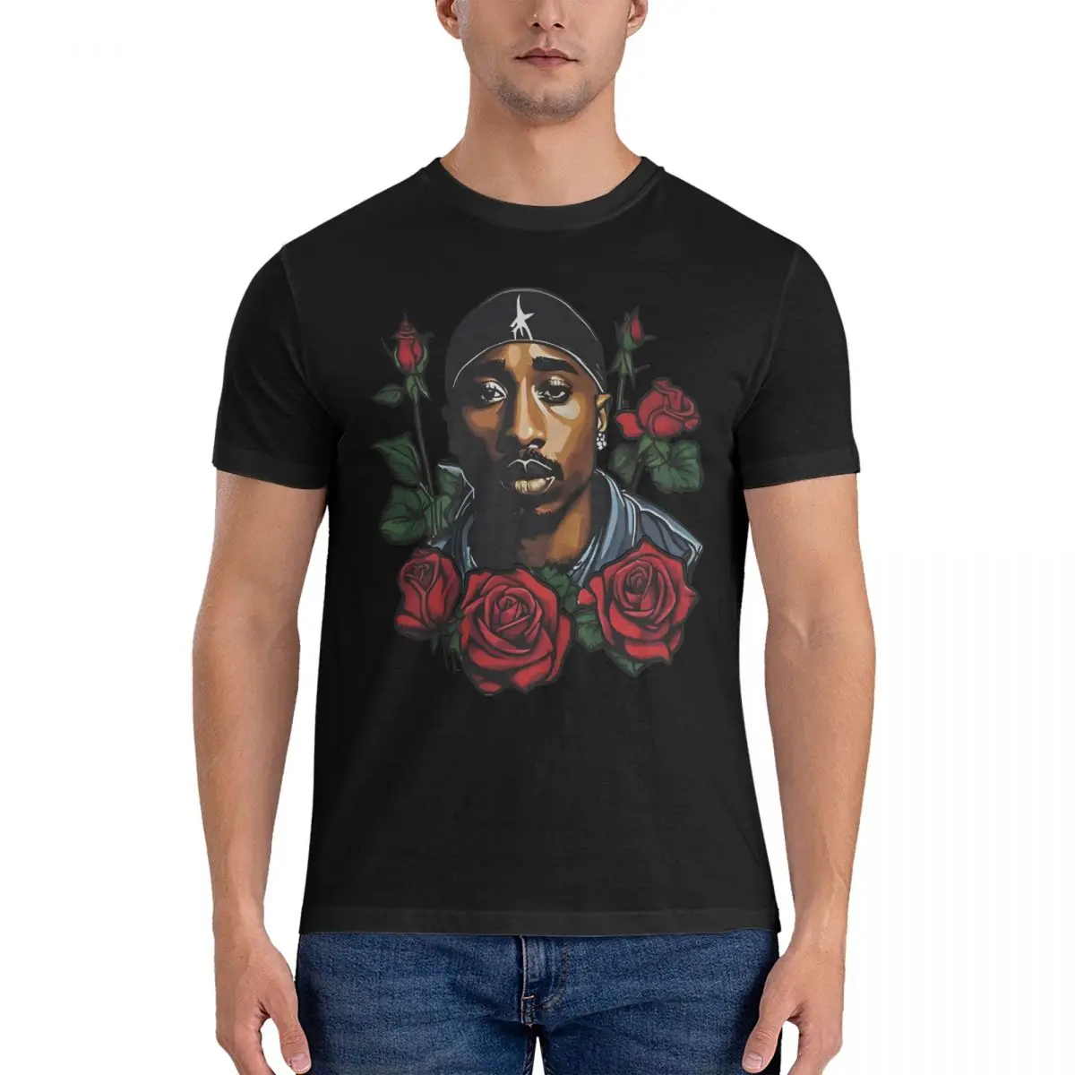 Hipster With Roses Rap 90S T-Shirt for Men Round Neck 100% Cotton T Shirt Tupac Amaru Shakur Short Sleeve Tee Shirt Gift Idea