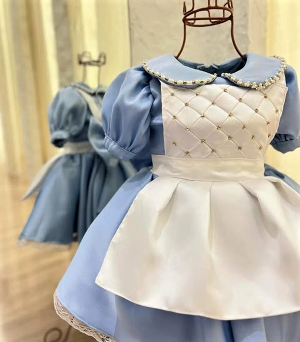 Summer Baby Girl Pearl Diamond Lace Alice Blue White Puffy Dress For Casual Party Birthday Wedding Photography