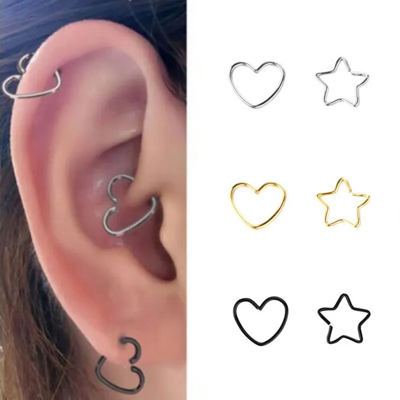 2pcs Surgical Steel Heart Star Nose Ring Piercing Stud Cartilage Earrings Body Jewelry for Women Girl