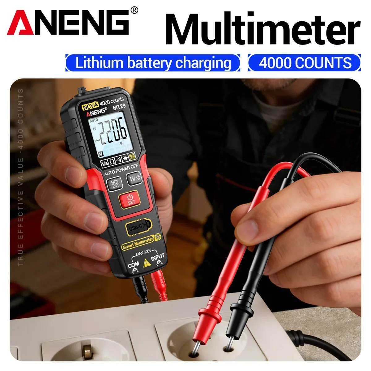 ANENG M129 Auto Recognition Multimeter 4000 Counts NCV Lithium Charging Backlight Flashlight 500V AC DC Resistance Test Tool
