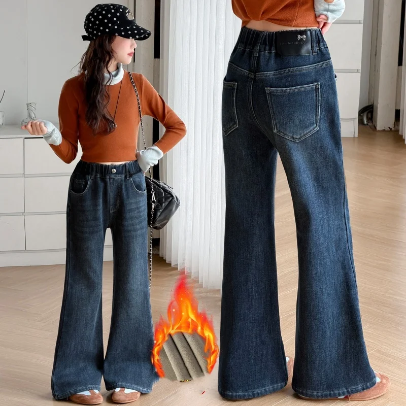 Girls Fleece Lined Bootcut Jeans Stretch Washed Denim Elastic Waist Winter Warm 5-Pocket Pants 6-16Y