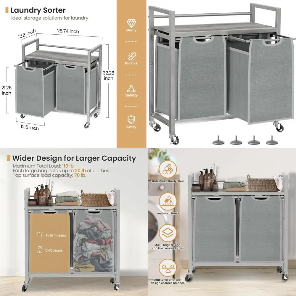 

3-Bag Laundry Sorter Hamper with Wheels, Foldable Clothes Basket for Home, Compact Storage for Laundry Room, Bathroom, Bedroom (