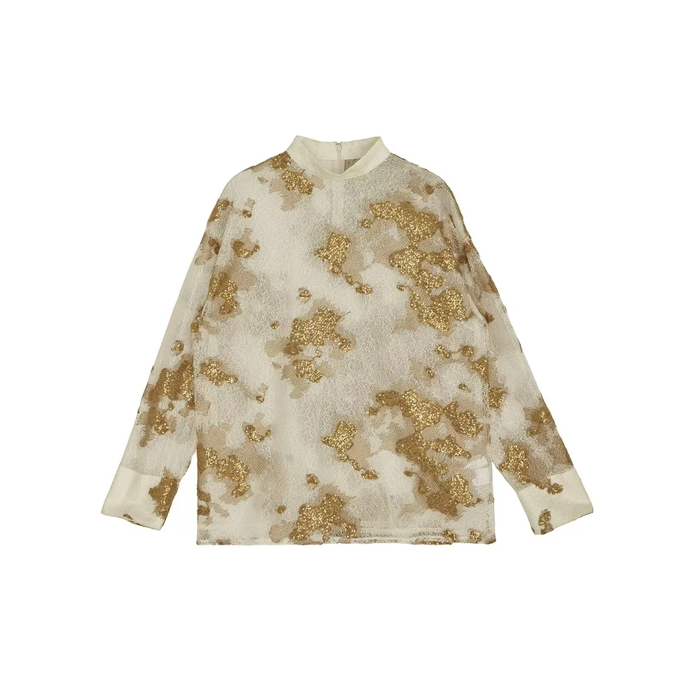 

Повседневная женская рубашка Torowee с золотыми и бриллиантовыми элементами, модель из полиэфирного волокна, с длинными рукавами и воротником-стойкой