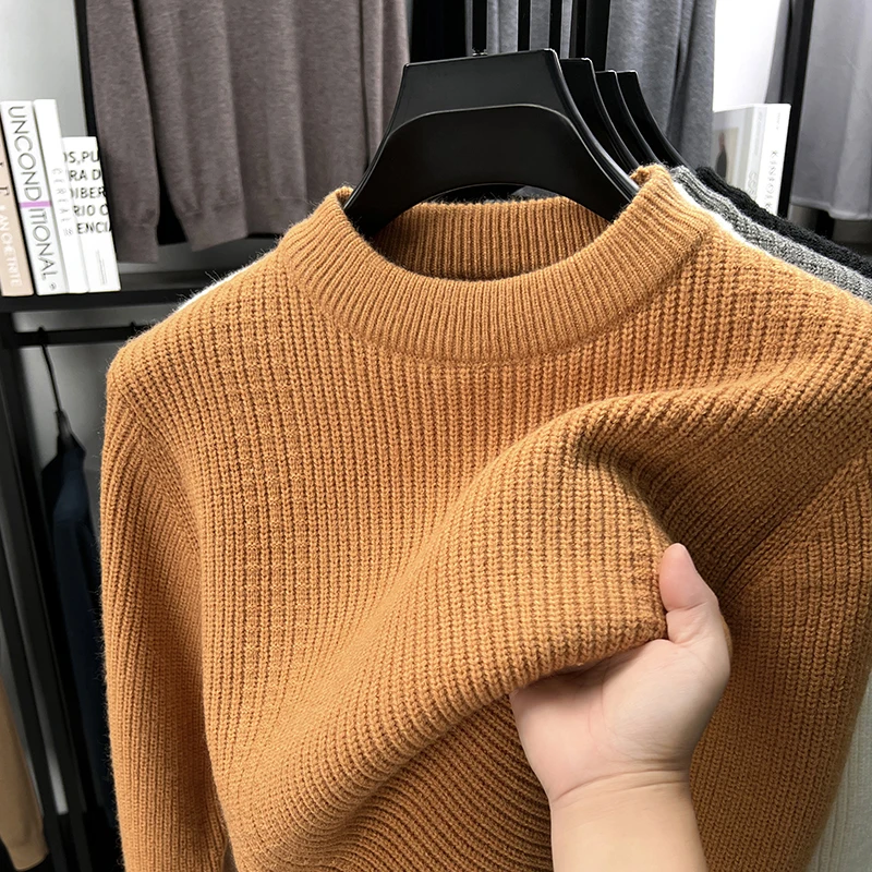 Premium solid color round neck knitted sweater men high-quality thicken warm autumn winter fashion soft comfort casual pullover