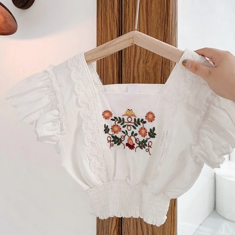 Summer Children Girls Cotton Flower Embroidered Shirt Korean Casual Girls Puff Sleeve Short Top