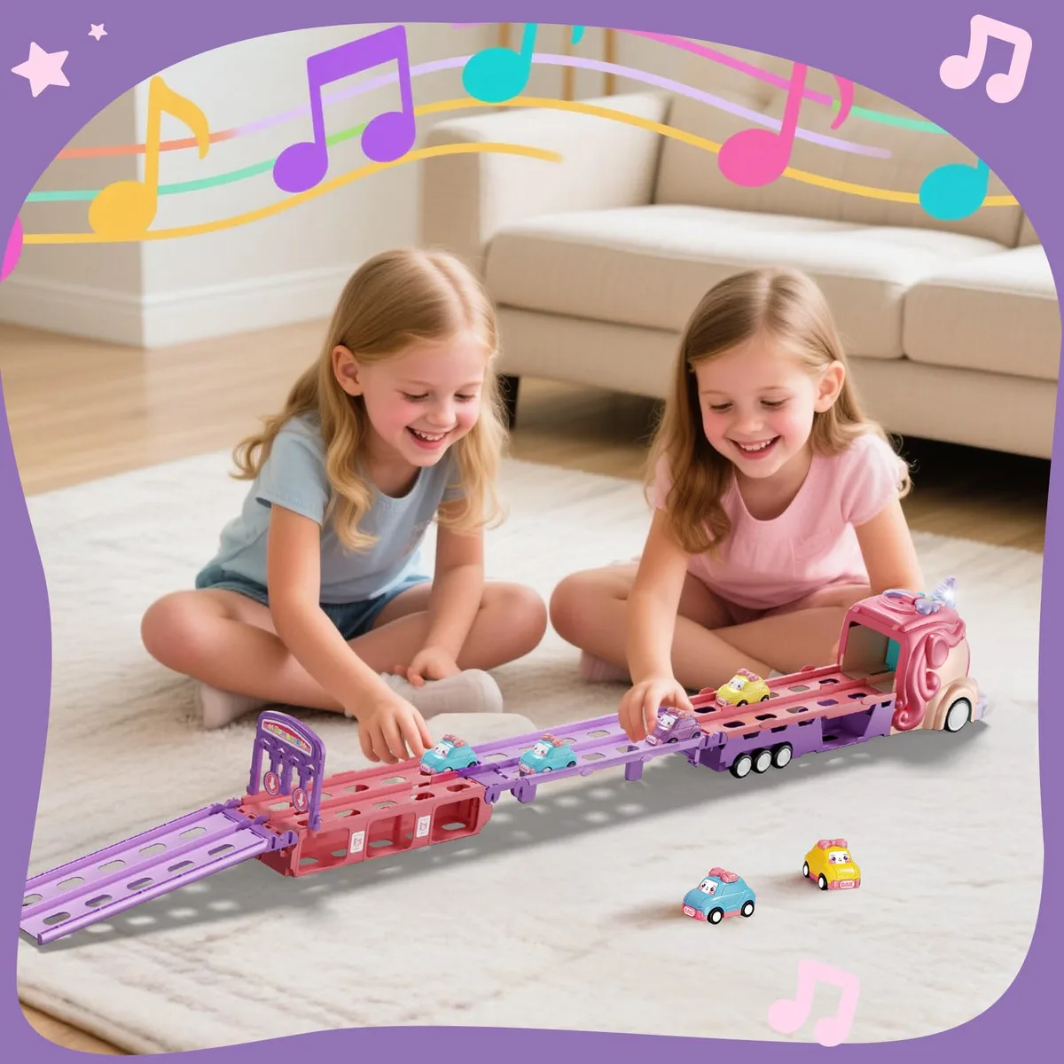 Pink unicorn folding track car toy with lights, music, press and eject mini car, friction power transport car, children's gift