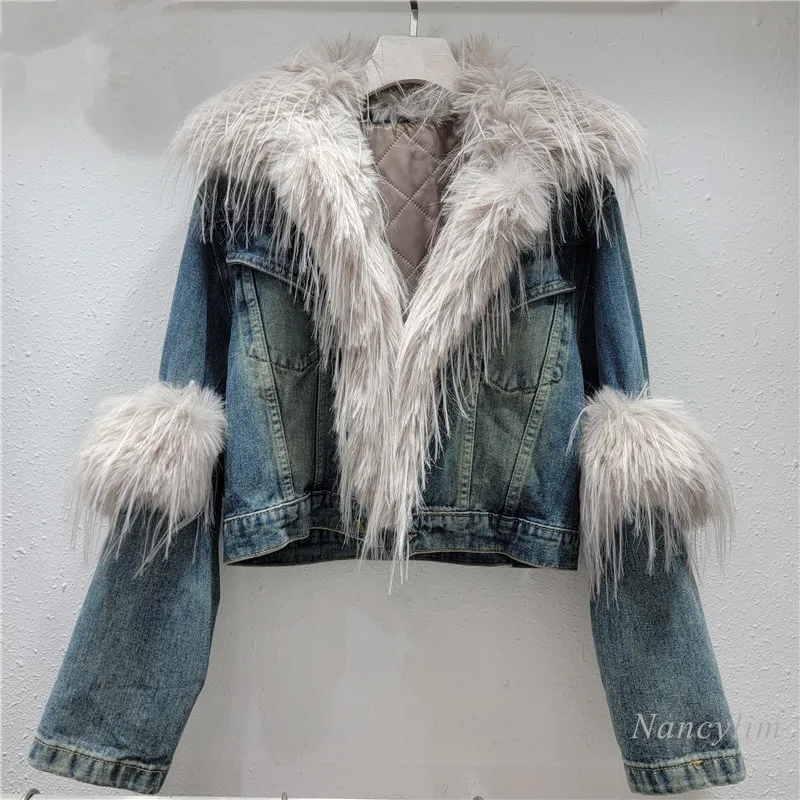 Faux Fur Collar Denim Jacket Women's Autumn and Winter Environmental Protection Wool Thickened Warm Short Cotton Coat 2024