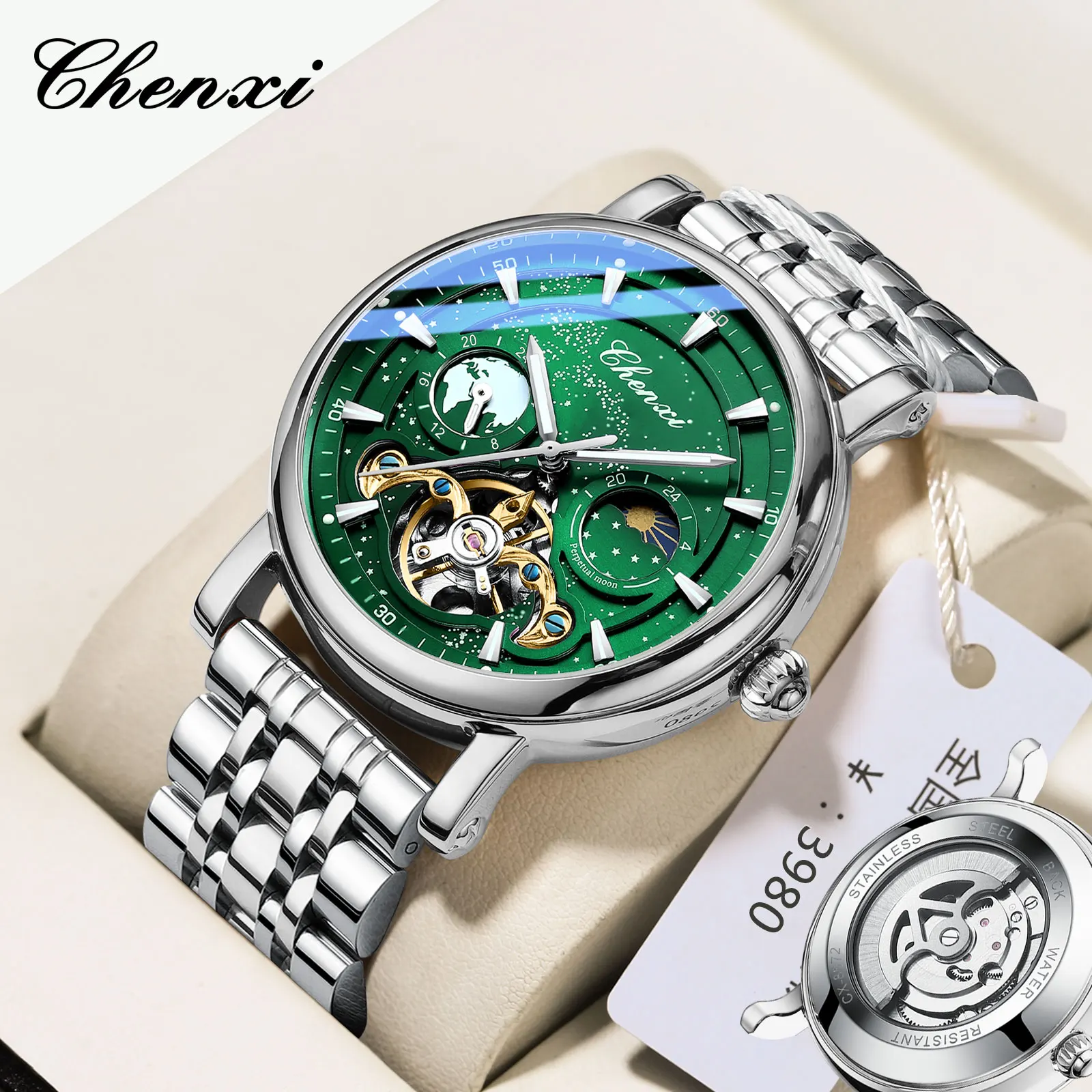 Automatic Mechanical Starry Dial Watches For Men Fashion Moon Phase Skeleton Watch Luxury Stainless Steel Waterproof Wristwatch