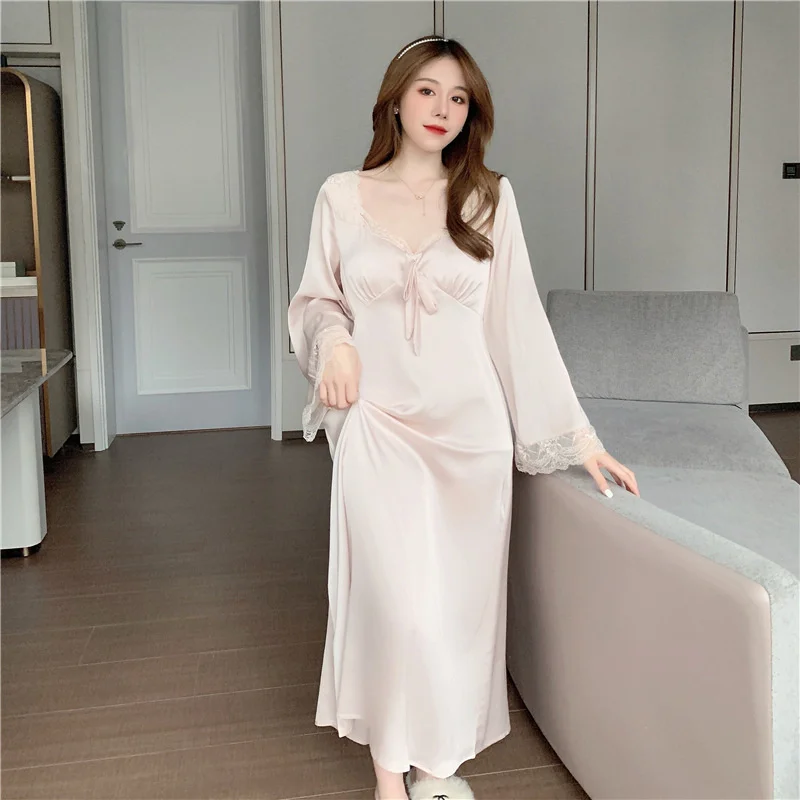 

Extra Soft Satin Pajamas Women's 21 Autumn New French Ice Silk Breast Pad Court Style Long Sleeved Nightdress