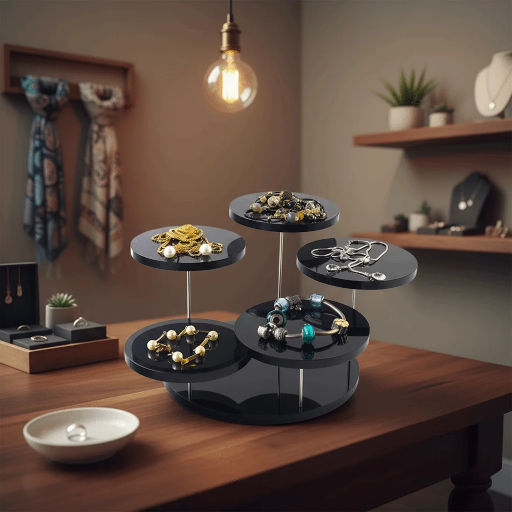 حامل عرض أكريليك شفاف 3 طبقات حامل عرض مجوهرات أبيض وأسود مادة أكريليك رف حلوى بأنماط متعددة #3
