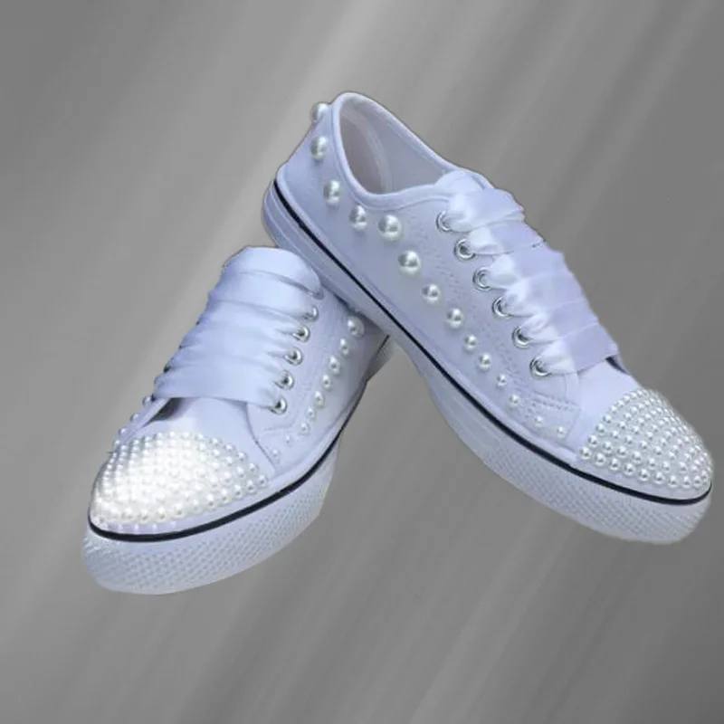 White pearl wedding party banquet large size canvas shoes handmade custom low-top lace-up casual sports women\'s shoes 35-46