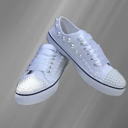White pearl wedding party banquet large size canvas shoes handmade custom low-top lace-up casual sports women's shoes 35-46