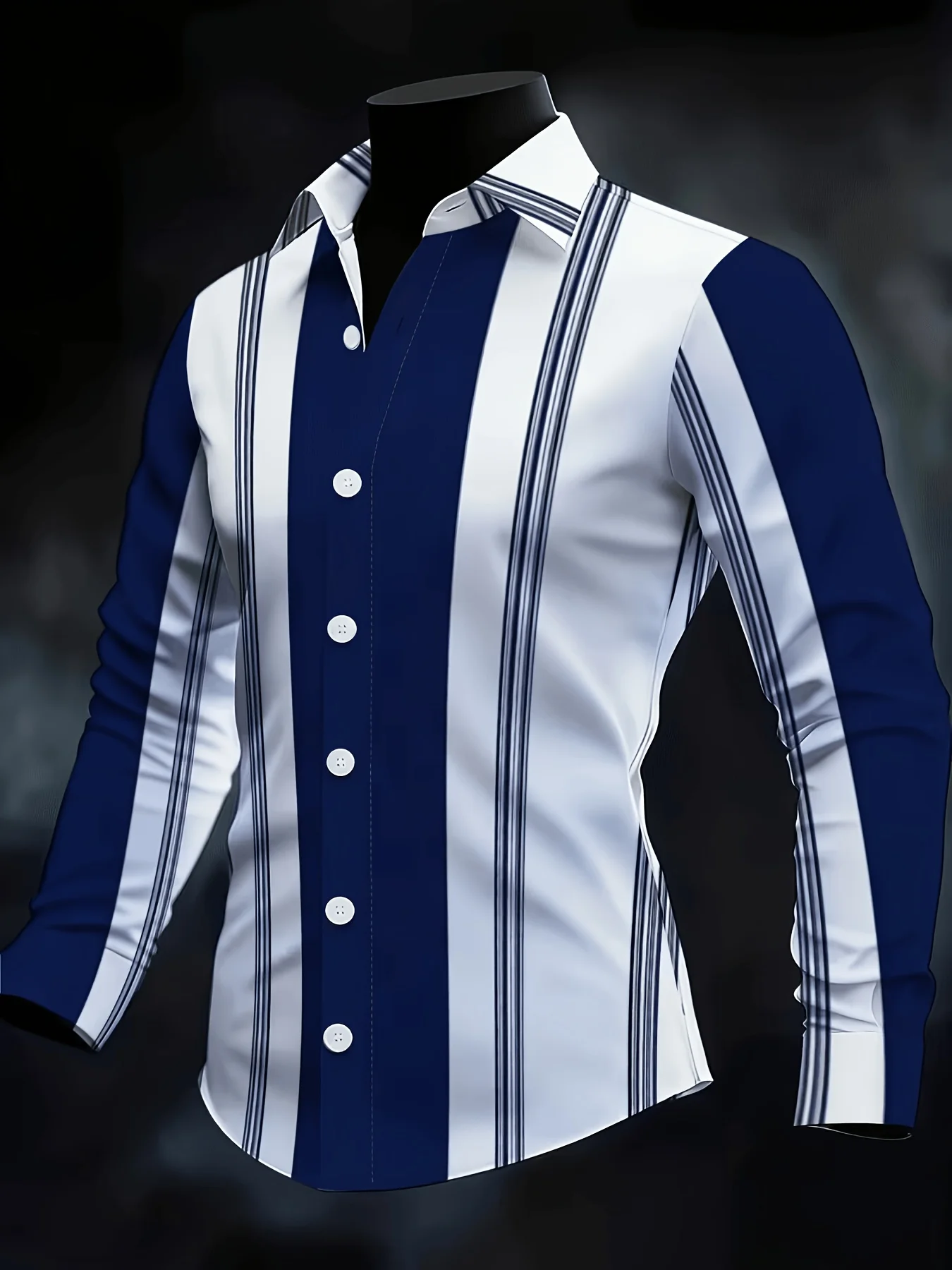 Men Retro Vertical Stripe Color Block Long Sleeve Shirt Turn‑Down Collar Button‑Up Polyester Casual Blouse