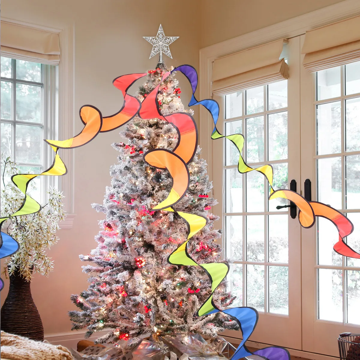 5Pcs Spiral Rainbow Windmill Hanging Decoration Outdoor Lawn Garden Tent Festival Birthday Christmas Rotating Spinner