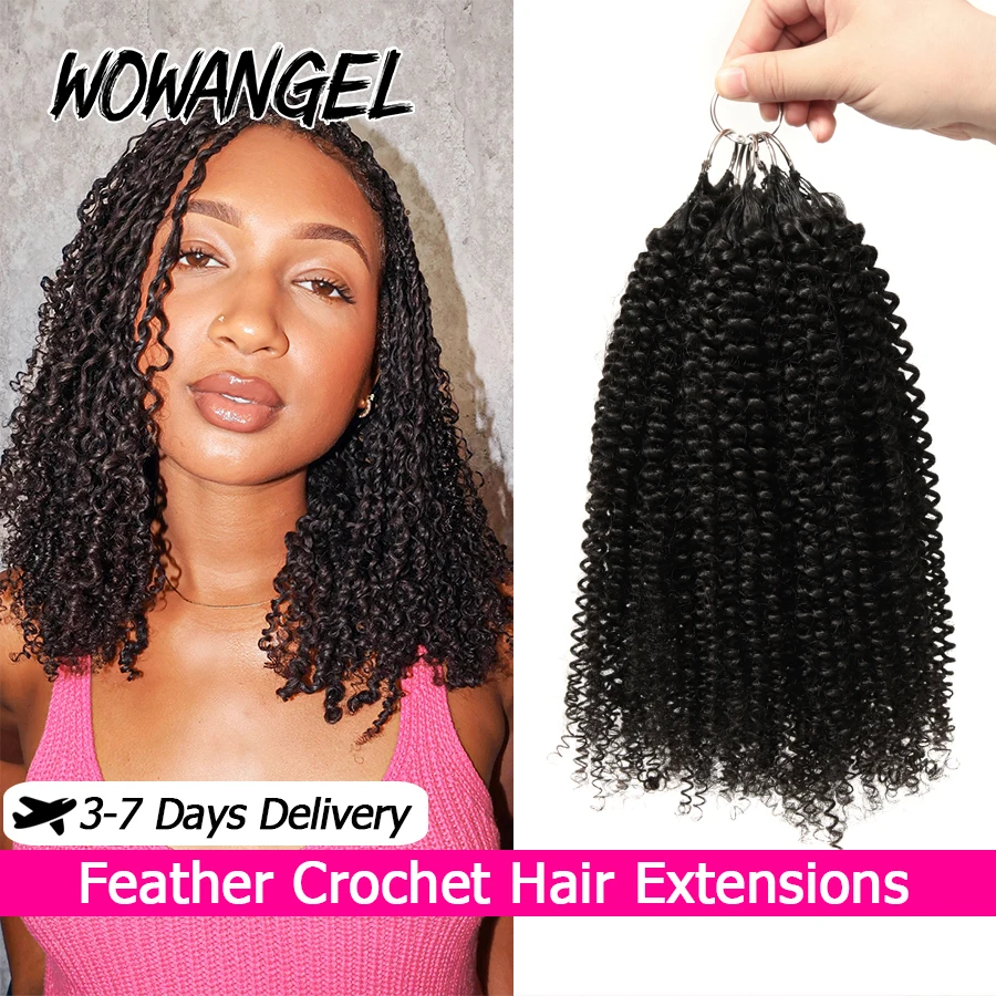 

WOWANGEL Наращивание волос Afro Kinky Curly Feather Crochet из натуральных волос, с предварительно привязанными кольцами, многоразовые, без клея, без нагрева