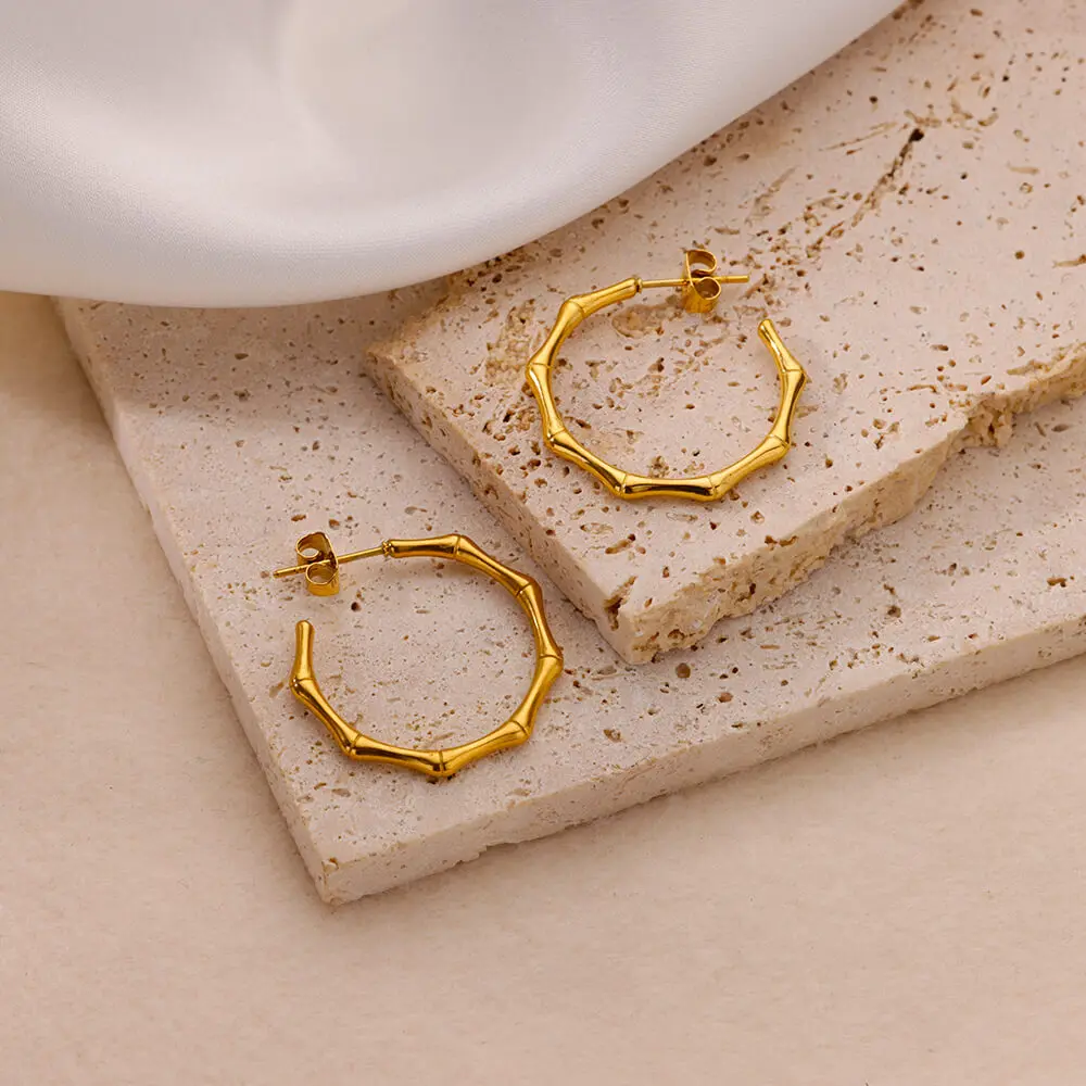 Stainless Steel Bamboo Design Hoop Earrings for Women Gold Color Wedding Aesthetic Earring Trend 2024 Jewelry Accessories mujer